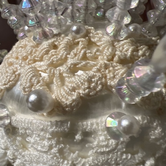 Vintage MCM Handmade Push Pin Satin Christmas Ornament Cream And White Crochet - Picture 3 of 7